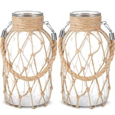 two glass jars with rope wrapped around them