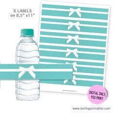 a water bottle label with arrows on it and a blue ribbon around the bottom that says, 6 labels on 8 5 x 11 inches