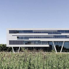 an office building sitting on top of a lush green field next to tall grass and trees