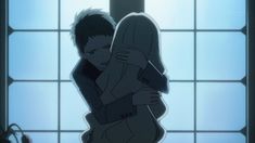 an anime character hugging another person in front of a window with the caption appyate mas en mi