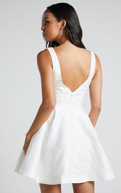 Stephane Mini Dress - Corset Scoop Neck Fit and Flare Dress in Ivory | Showpo USA White Corset Mini Dress, Bride Mini Dress, Old Money Cocktail Dress, Wedding Reception Dress For Bride Short, Little White Dress Wedding, Wedding Dresses Reception, City Hall Wedding Dress, Square Neck Mini Dress, Reception Dresses