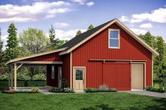 a two car garage with an attached carport in the middle of a grassy area