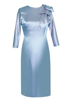 Hestia Satin Sheath Dress with Modern Bow – Caeli Couture Elegant Silk Dress With 3/4 Sleeves, Silk Fitted Dress With Satin Bow, Fitted Silk Dress With Satin Bow, Fitted Silk Dress With 3/4 Sleeves, Elegant Silk Dress With Satin Bow, Satin Sheath Dress, High Neck Long Dress, Queen Dresses, Blue Shift Dress