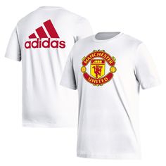 The adidas White Manchester United Crest T-shirt is the perfect way to show unwavering support for the Red Devils. Crafted from soft cotton, this crew neck tee proudly displays the iconic Manchester United crest on the chest. Whether cheering from the stands or showcasing allegiance, this t-shirt is a must-have for true Manchester United fans. Screen print graphics Brand: adidas Short sleeve Crew neck Officially licensed Material: 100% Cotton Imported Machine wash, tumble dry low Adidas Relaxed Fit T-shirt With Three Stripes, Sporty Adidas Cotton T-shirt, Adidas Logo T-shirt For Streetwear, Sportswear Crew Neck T-shirt With Graphic Print, Athleisure Crew Neck T-shirt With Logo Print, Cotton T-shirt With Logo Print For Sports Season, Sports Season Fan Apparel T-shirt With Logo, Fan Apparel T-shirt With Logo Print For Sports Season, Relaxed Fit Crew Neck T-shirt For Fan Gear