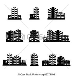 black and white silhouettes of skyscrapers on a white background, set of nine