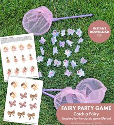 fairy party game with pink and blue butterflies on the grass next to it's contents