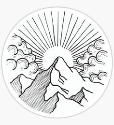 a drawing of mountains and clouds with the sun in the sky above them on a white background