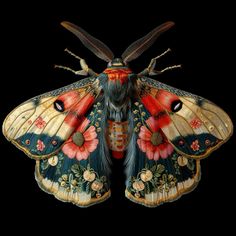 a colorful butterfly with long wings and flowers on it's back legs, sitting in front of a black background