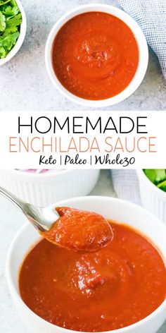 homemade enchilada sauce in a white bowl with a spoon