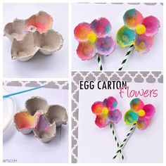 an egg carton with flowers made out of eggs and paper machs on it