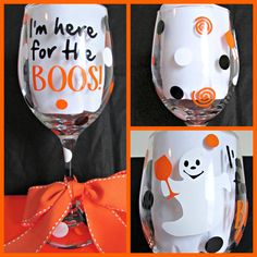 there is a wine glass with an orange bow on it