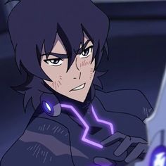 an anime character with black hair and blue eyes holding a purple object in his hand