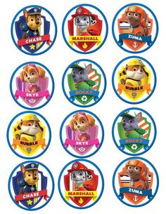 the paw patrol cupcake toppers are shown in blue and orange circles with cartoon characters