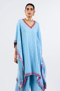 Shop for Vvani by Vani Vats Blue Georgette Embroidered Kaftan And Palazzo Set for Women Online at Aza Fashions Kaftan Sleeves, V Neck Kaftan, Vani Vats, Blue Kaftan, Embroidery Mirror, Embroidered Kaftan, Palazzo Set, Blue Mirror, Pattern Embroidery