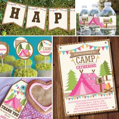 a collage of pictures with water bottles and signs on them, including camp birthday party decorations