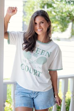 $27.50 Original price was: $27.50.$22.00Current price is: $22.00. Queen of the Court T-Shirt https://www.batessistersboutique.com/product/queen-of-the-court-t-shirt/ Approx. Measurements in Inches  S  M  L      Length  24  24.5  25      Bust  36  38  40          Bates Sisters Boutique Spring Cream Soft-washed Tops, Soft-washed Cream Top For Spring, Spring Soft-washed Cream Top, Spring Cream Soft-washed Top, Bates Sisters Boutique, 50th Clothing, Open Knit Cardigan, Purse Jewelry, Plus Dresses