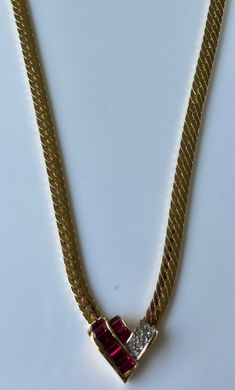 Nina Ricci Necklace, Triple 22kt gold,  handset  Ruby w Clear Swaroski crystals, Vintage, Canadian, New Luxury Yellow Gold Herringbone Necklace With Gold Chain, Yellow Gold Plated Chain Necklace With 17 Jewels, Classic Gold Herringbone Chain Necklace, Luxury Gold Round Chain Necklace, Gold Herringbone Chain Necklace For Formal Occasions, Gold Formal Herringbone Necklace, Formal Gold Herringbone Chain Necklace, Formal Gold Herringbone Necklace, Classic Gold-plated Herringbone Necklace