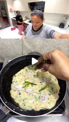 a woman cooking food in a pan on the stove