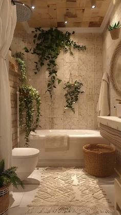 a bathroom that has plants growing on the wall and in the bathtub, along with a toilet