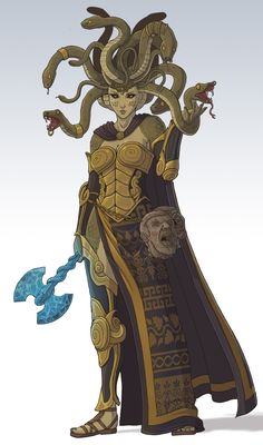 an image of a woman in costume with snakes on her head and hands behind her back