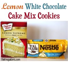 lemon white chocolate cake mix cookies with frosting and candy bars on the counter next to them