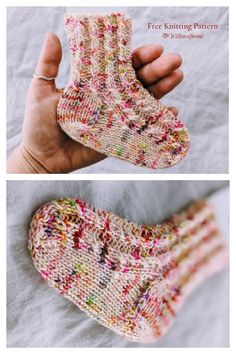 two pictures of someones hand holding up their socks to show how they are knitted