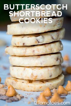 butterscotch shortbread cookies stacked on top of each other