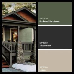 the exterior of a house with brown and green paint colors on it's walls