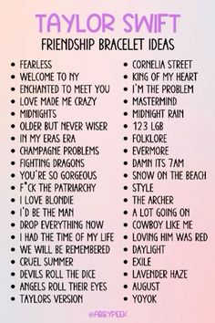 Friendship Bracelet Sayings, Bracelet Sayings, Bracelet Ideas To Make, Taylor Swift Friendship Bracelet Ideas, Stylish Bangles, Taylor Swift Bracelet Ideas, Taylor Swift Friendship Bracelet, Eras Tour Friendship Bracelets, Swift Bracelet