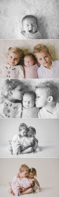 four different pictures of babies laying on top of each other in black and white, with the