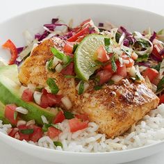 a white bowl filled with rice, meat and veggies on top of it