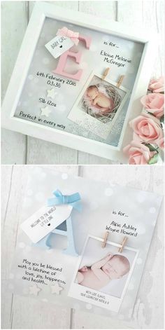 two pictures with pink roses and baby's name on them