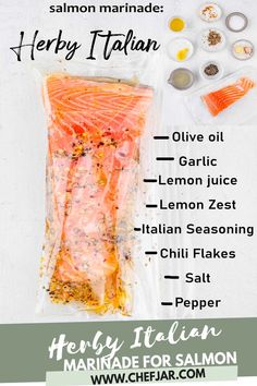 Easy and quick herby salmon marinade Salmon Marinades, Italian Salmon, Best Salmon Marinade, Salmon Marinade Recipes, Dill Sauce For Salmon, Herb Salmon, Best Salmon, Salmon Marinade