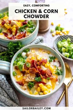 two bowls filled with chicken and corn chowder