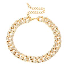 Update your jewelry box with this curb chain choker necklace laden with cubic zirconia upon an 18k gold-plated finish for a chic look. 0.9" W x 12.2" L Lobster claw clasp 18k gold-plated copper / cubic zirconia