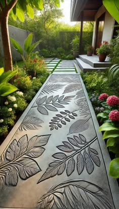 a garden path with plants and flowers on it, in the middle of a house