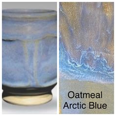 an image of a blue vase with the words oatmeal arctic blue on it