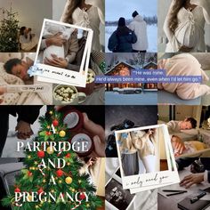 there are pictures of people in bed and one is holding a baby, the other has a christmas tree