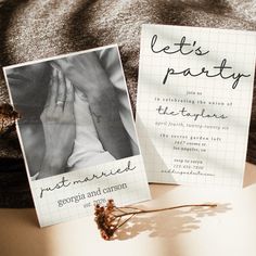 a couple's engagement party is shown on the table next to their wedding card