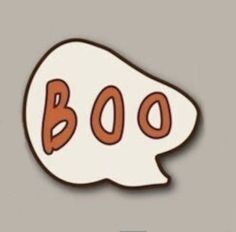 a speech bubble with the word boo written in brown and white on it's side