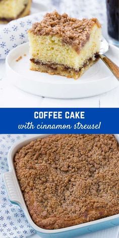 coffee cake with cinnamon streuse in a blue and white dish on a table