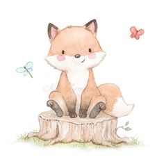 a watercolor painting of a fox sitting on top of a tree stump with a butterfly