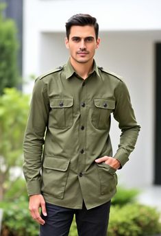 This olive green military-style utility shirt blends rugged functionality with modern style. Featuring buttoned pockets, shoulder epaulets, and a structured fit, it's ideal for both casual and semi-formal occasions. The versatile olive green shade makes it perfect for any wardrobe, offering comfort and a sharp, masculine look. All shirts come in standard US sizes Made in olive green color thick cotton fabric.Fit for mountaineering, hiking, traveling, camping, running and other outdoor activities Dry Clean Only: Made in India =>UNIQUE CREATION - PLEASE RESPECT COPYRIGHT<= All images and content on this site are exclusively crafted and owned by Paridhanin. Unauthorized copying, sharing, or reproduction is prohibited and will be subject to legal action. Fall Utility Khaki Shirt, Green Work Shirt With Patch Pockets, Khaki Collared Utility Shirt, Khaki Long Sleeve Shirt With Patch Pockets, Khaki Work Shirt With Flap Pockets, Khaki Shirt With Patch Pockets For Work, Military Style Collared Shirt For Workwear, Military Style Workwear Tops With Pockets, Khaki Utility Top With Flap Pockets