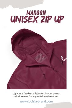 Light as a feather, this jacket is your go-to windbreaker for any outside adventure. Pack it in your travel bag and explore the outdoors protected and dry (did we mention it’s water-resistant?).Maroon Unisex Zip Up Windbreaker. | Unisex Lightweight Zip Up Windbreaker | Maroon Windbreaker Jacket. Water Resistant