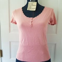 #605 Nwt Rena Rowan Ps Pink Stretch Knit Top W Crochet Trim & Buttons, $52, Not Lined Obo! #Crew Neck Sweaters #Texture #Hot Fall Trend #Ribbed Sweater #Crochet Trim Edge #Restyled #Reused #Recycle #Repurpose #Sustainable #Eco-Friendly All Of My Items Are From Smoke And Other Smells Free Environment. Measurements Are In The Pictures. All Reasonable Offers Will Be Considered. Dummy That The Item(S) Is Displayed On Approximated Measurements (Around = Circumferences). Bust 34.25" Waist 26" Hips (Bo Pink Fitted Short Sleeve Knit Top, Feminine Fitted Pointelle Knit Top, Fitted Feminine Knit Top, Feminine Fitted Cotton Knit Top, Feminine Fitted Knit Top, Elegant Fitted Pink Knit Top, Feminine Fitted Knit Top With Crew Neck, Feminine Fitted Crew Neck Knit Top, Fitted Knit Top With Short Sleeves