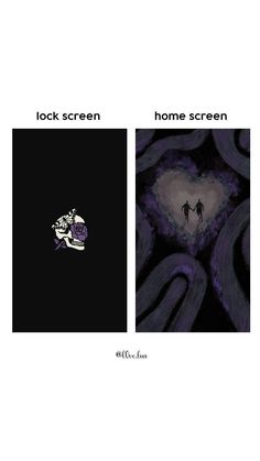 two pictures with the words lock screen and home screen in black, white and purple