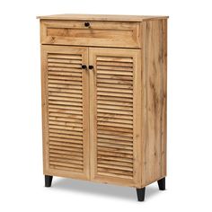 a wooden cabinet with shutters on the front and bottom, against a white background