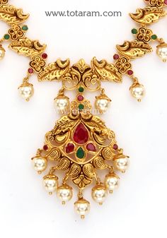 22 Karat Gold Necklace with Color Stones & Japanese Culture Pearls (Temple Jewellery) - 235-GN4311 - in 26.900 Grams for USD $1959.99. 
Made in India by Totaram Jewelers Online this product is in Gold - 22 Karat BIS Hallmark 916 KDM Gold  & is an excellent gift for Adult - Women. Ships fully insured with secured guaranteed delivery for free with your order over $250 from New Jersey USA & comes with 30 days exchange policy. 22k Gold Temple Jewelry Pearl Necklace As Gift, Yellow Gold Temple Jewelry Pearl Necklace For Festivals, Ceremonial Gold Pearl Necklace In Temple Jewelry Style, Gold Pearl Necklace For Festivals, Traditional Gold Pearl Necklace For Puja, Ceremonial Gold Temple Jewelry Pearl Necklace, Traditional 22k Yellow Gold Pearl Necklace, 22k Gold Necklace, Color Stones