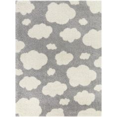 a gray and white area rug with clouds on the top, in various sizes and colors