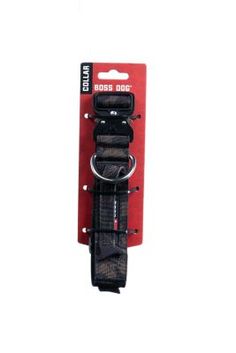 a black dog leash with a red tag hanging from it's side